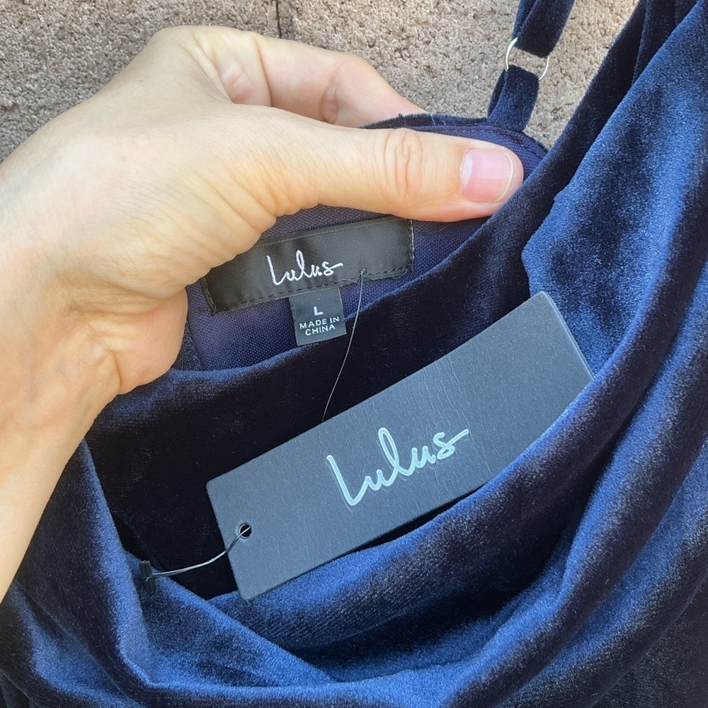NWT Lulu’s Elegant Luxury Navy Blue Velvet Cowl Neck Maxi Dress Large Romantic - Picture 10 of 10